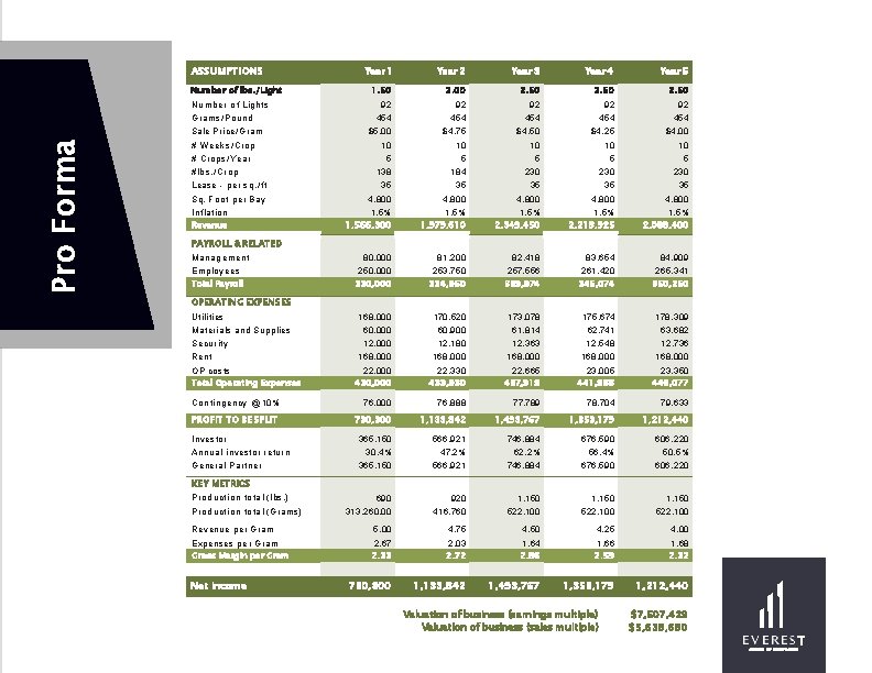 ASSUMPTIONS Number of lbs. /Light Number of Lights Grams/Pound Pro Forma Sale Price/Gram Year