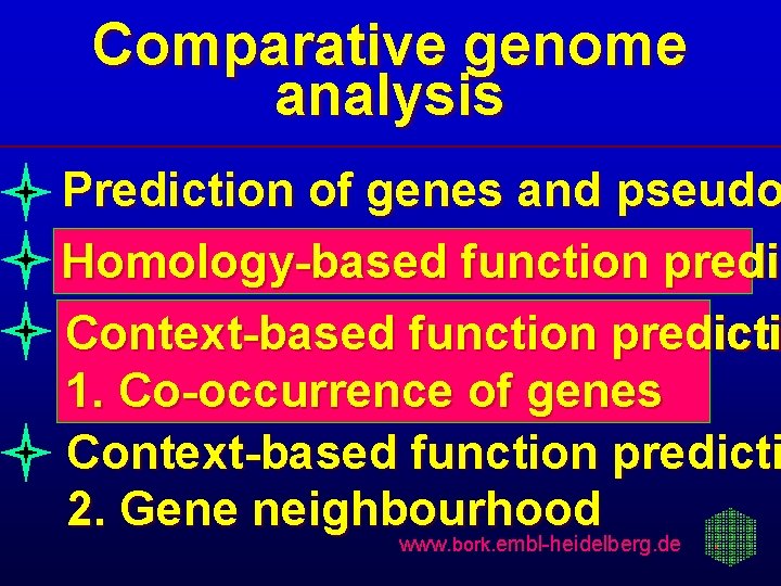 Comparative genome analysis Prediction of genes and pseudo Homology-based function predic predi Context-based function