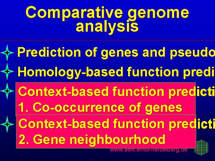 Comparative genome analysis Prediction of genes and pseudo Homology-based function predic predi Context-based function