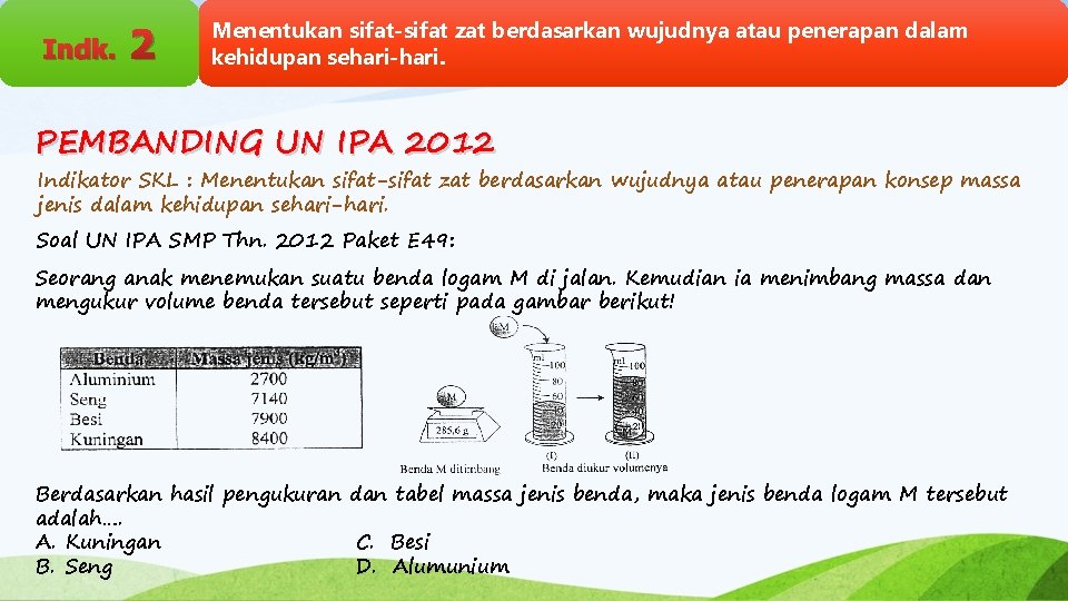 Indk. 2 Menentukan sifat-sifat zat berdasarkan wujudnya atau penerapan dalam kehidupan sehari-hari. PEMBANDING UN