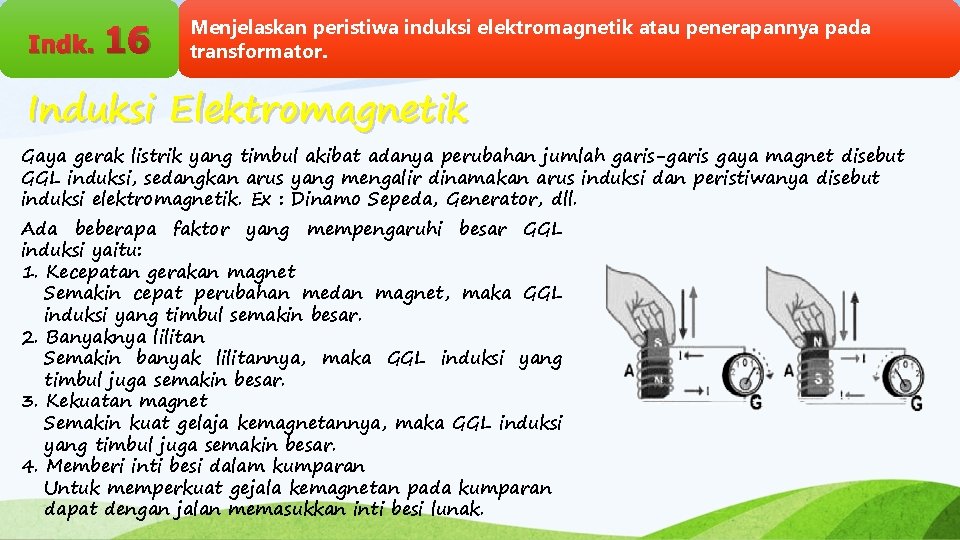 Indk. 16 Menjelaskan peristiwa induksi elektromagnetik atau penerapannya pada transformator. Induksi Elektromagnetik Gaya gerak