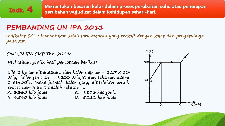 Indk. 4 Menentukan besaran kalor dalam proses perubahan suhu atau penerapan perubahan wujud zat