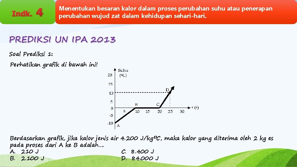 Indk. 4 Menentukan besaran kalor dalam proses perubahan suhu atau penerapan perubahan wujud zat