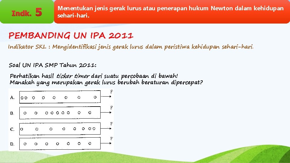 Indk. 5 Menentukan jenis gerak lurus atau penerapan hukum Newton dalam kehidupan sehari-hari. PEMBANDING