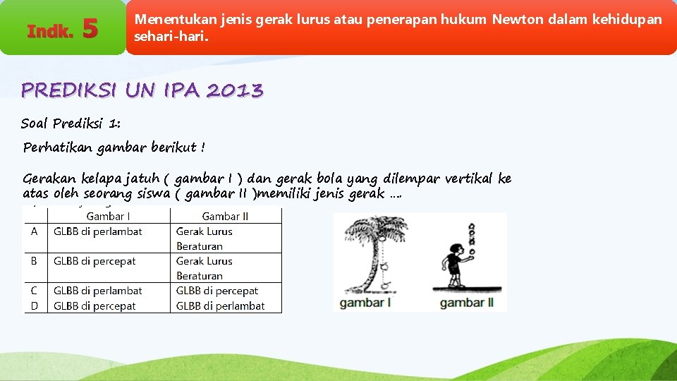 Indk. 5 Menentukan jenis gerak lurus atau penerapan hukum Newton dalam kehidupan sehari-hari. PREDIKSI