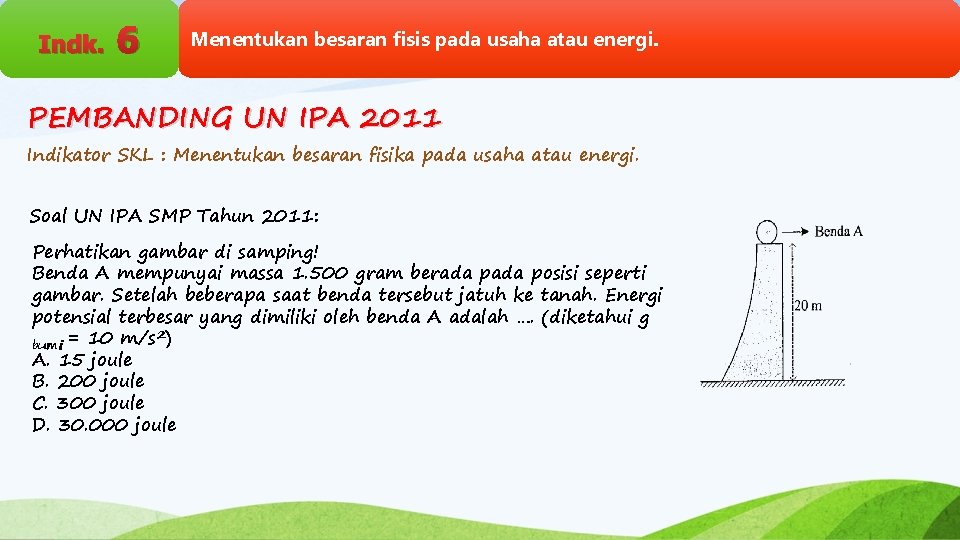 Indk. 6 Menentukan besaran fisis pada usaha atau energi. PEMBANDING UN IPA 2011 Indikator