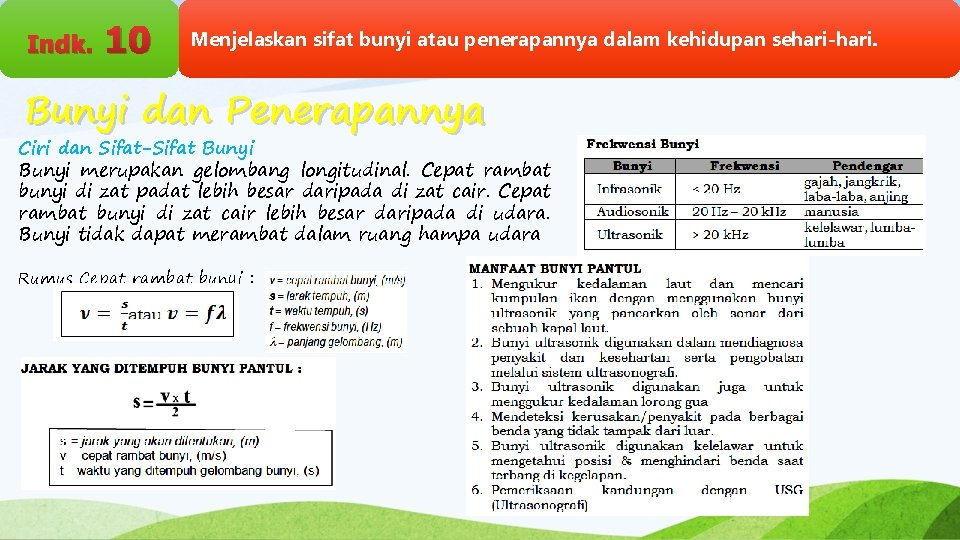 Indk. 10 Menjelaskan sifat bunyi atau penerapannya dalam kehidupan sehari-hari. Bunyi dan Penerapannya Ciri