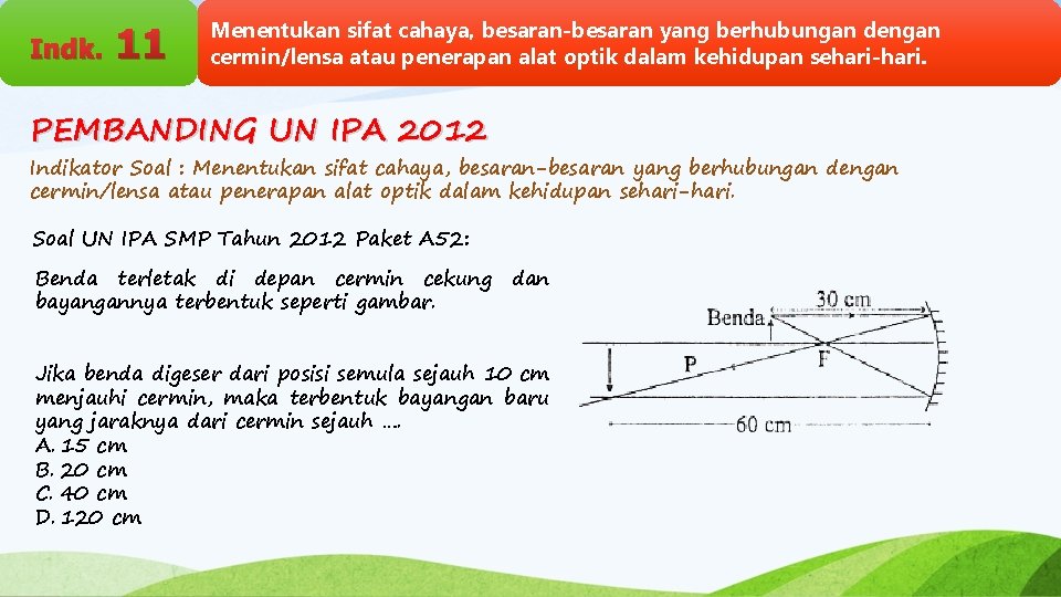 Indk. 11 Menentukan sifat cahaya, besaran-besaran yang berhubungan dengan cermin/lensa atau penerapan alat optik