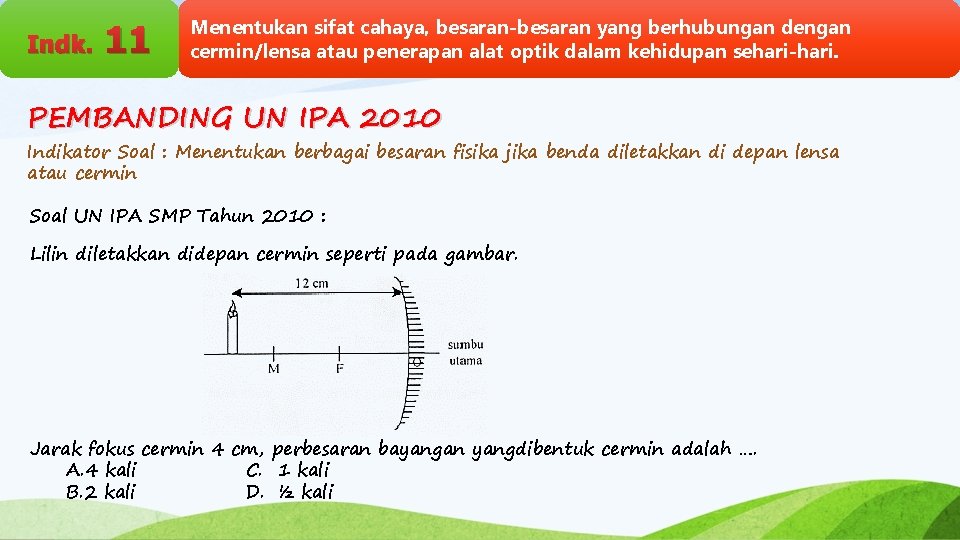 Indk. 11 Menentukan sifat cahaya, besaran-besaran yang berhubungan dengan cermin/lensa atau penerapan alat optik