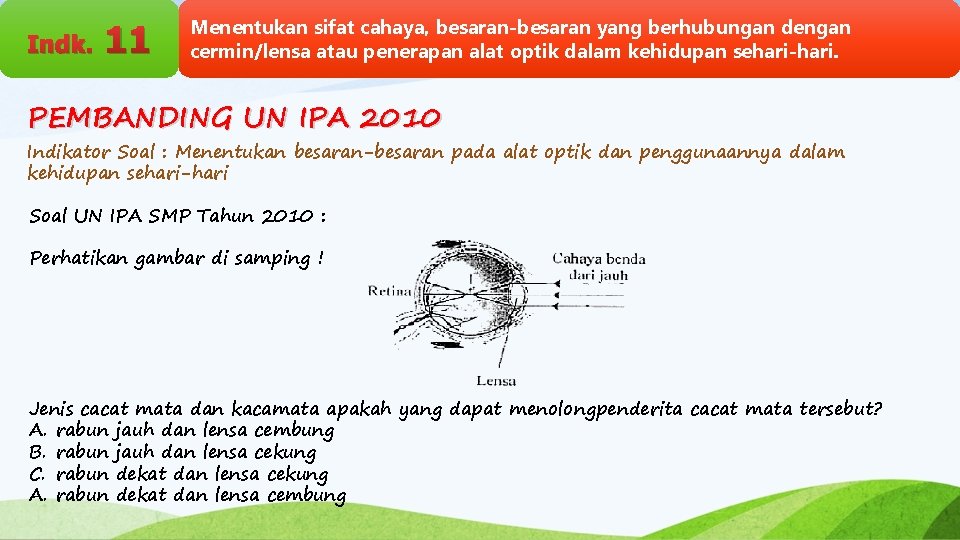 Indk. 11 Menentukan sifat cahaya, besaran-besaran yang berhubungan dengan cermin/lensa atau penerapan alat optik