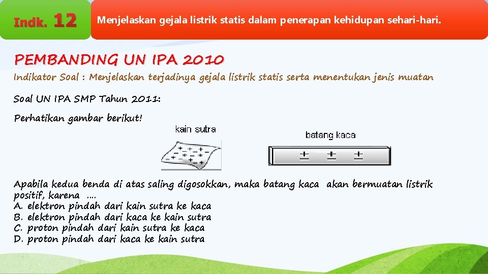 Indk. 12 Menjelaskan gejala listrik statis dalam penerapan kehidupan sehari-hari. PEMBANDING UN IPA 2010