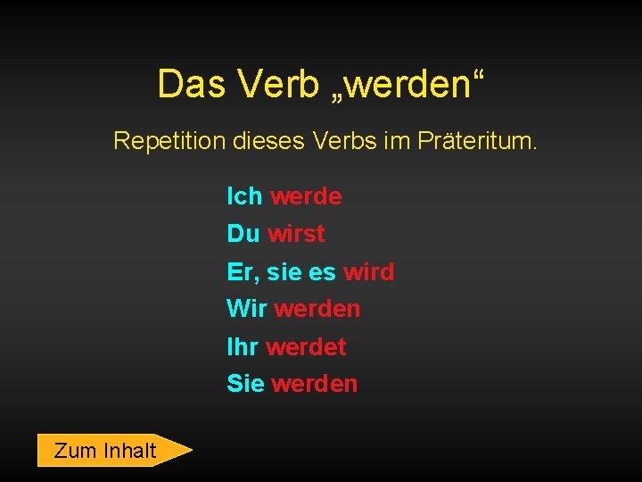 Das Verb „werden“ Repetition dieses Verbs im Präteritum. Ich werde Du wirst Er, sie
