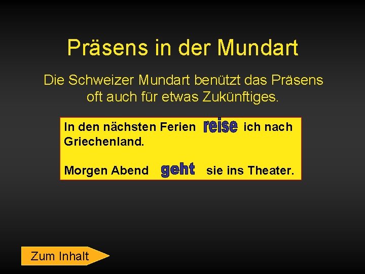 Präsens in der Mundart Die Schweizer Mundart benützt das Präsens oft auch für etwas