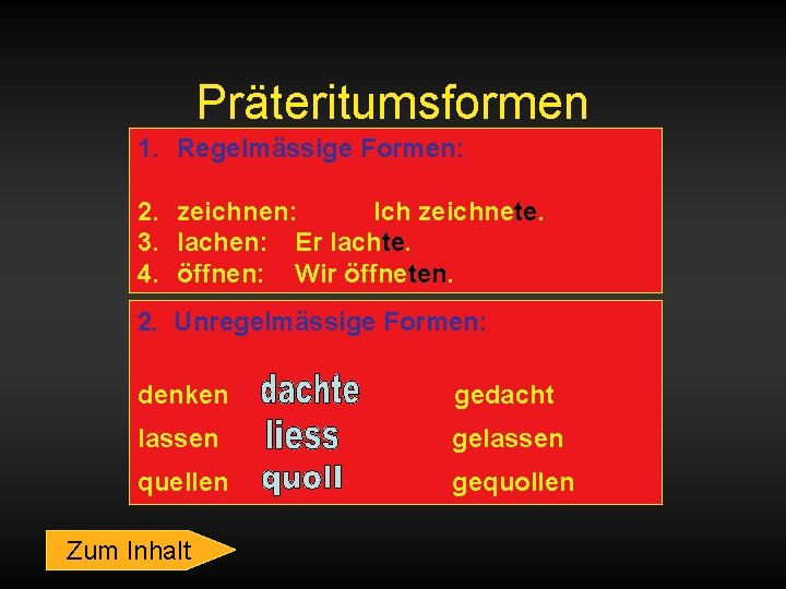 Präteritumsformen 1. Regelmässige Formen: 2. zeichnen: Ich zeichnete. 3. lachen: Er lachte. 4. öffnen: