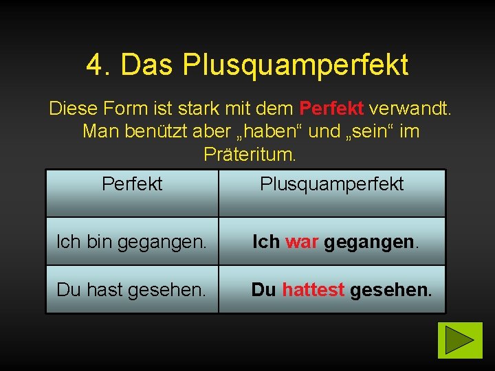 4. Das Plusquamperfekt Diese Form ist stark mit dem Perfekt verwandt. Man benützt aber