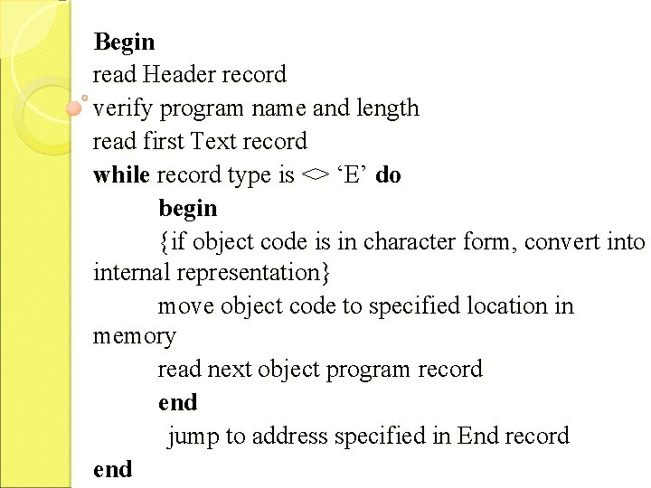 Begin read Header record verify program name and length read first Text record while