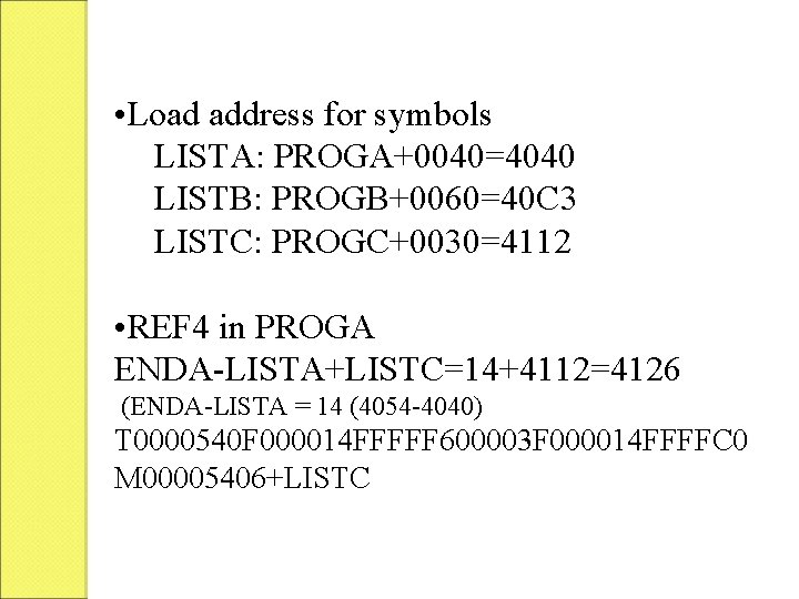  • Load address for symbols LISTA: PROGA+0040=4040 LISTB: PROGB+0060=40 C 3 LISTC: PROGC+0030=4112