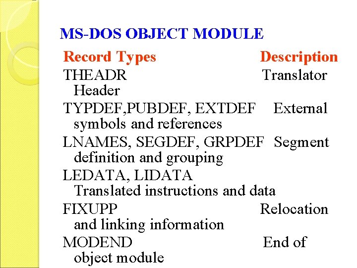 MS-DOS OBJECT MODULE Record Types Description THEADR Translator Header TYPDEF, PUBDEF, EXTDEF External symbols