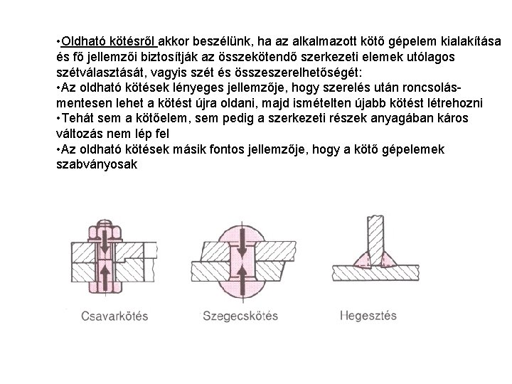  • Oldható kötésről akkor beszélünk, ha az alkalmazott kötő gépelem kialakítása és fő