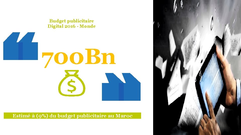 Budget publicitaire Digital 2016 - Monde 700 Bn Estimé à (9%) du budget publicitaire