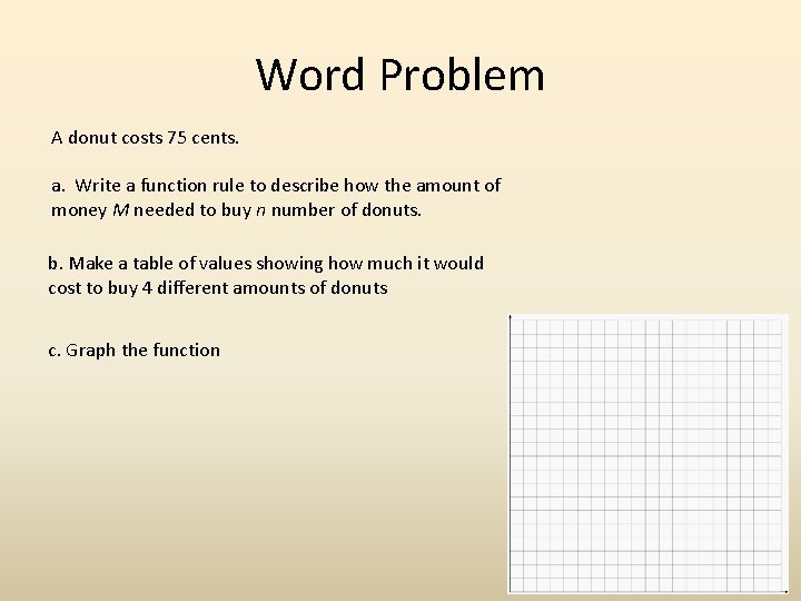 Word Problem A donut costs 75 cents. a. Write a function rule to describe