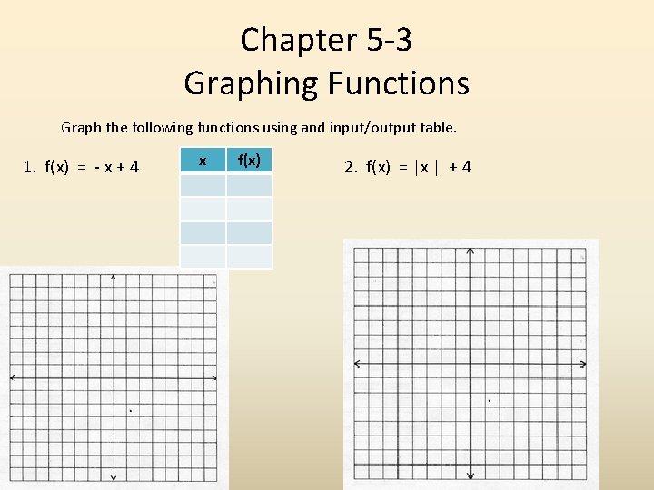 Chapter 5 -3 Graphing Functions Graph the following functions using and input/output table. 1.