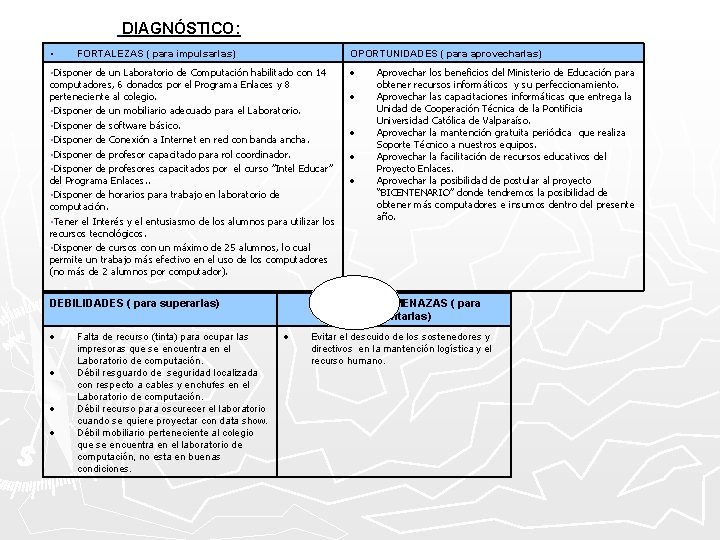 DIAGNÓSTICO: • FORTALEZAS ( para impulsarlas) OPORTUNIDADES ( para aprovecharlas) • Disponer de un