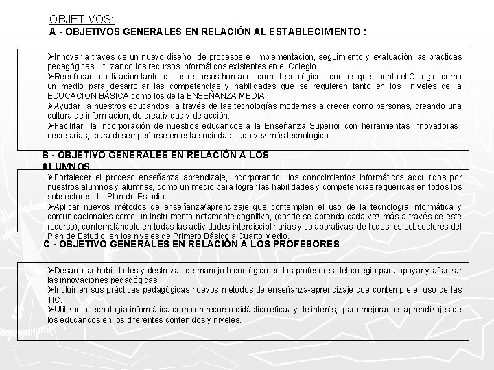 OBJETIVOS: A - OBJETIVOS GENERALES EN RELACIÓN AL ESTABLECIMIENTO : Innovar a través de