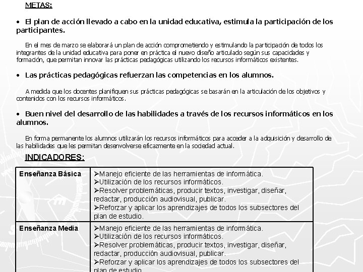 METAS: • El plan de acción llevado a cabo en la unidad educativa, estimula