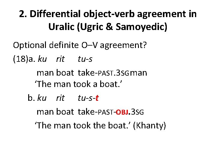 2. Differential object-verb agreement in Uralic (Ugric & Samoyedic) Optional definite O–V agreement? (18)a.