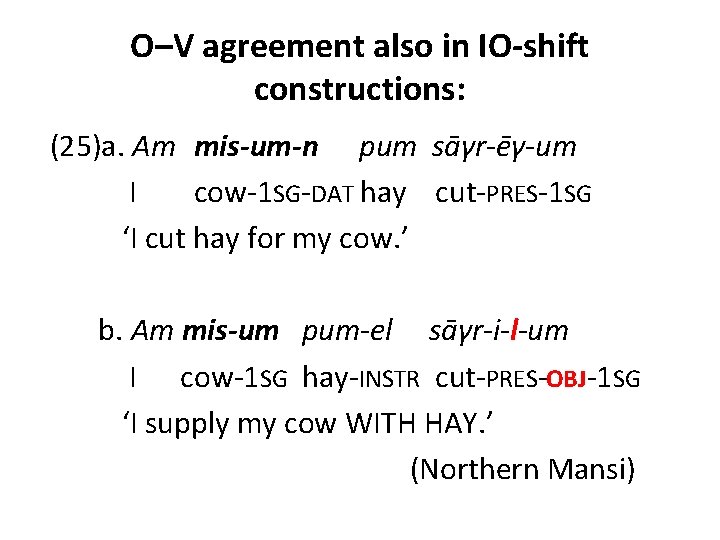 O–V agreement also in IO-shift constructions: (25)a. Am mis-um-n pum sāγr-ēγ-um I cow-1 SG-DAT