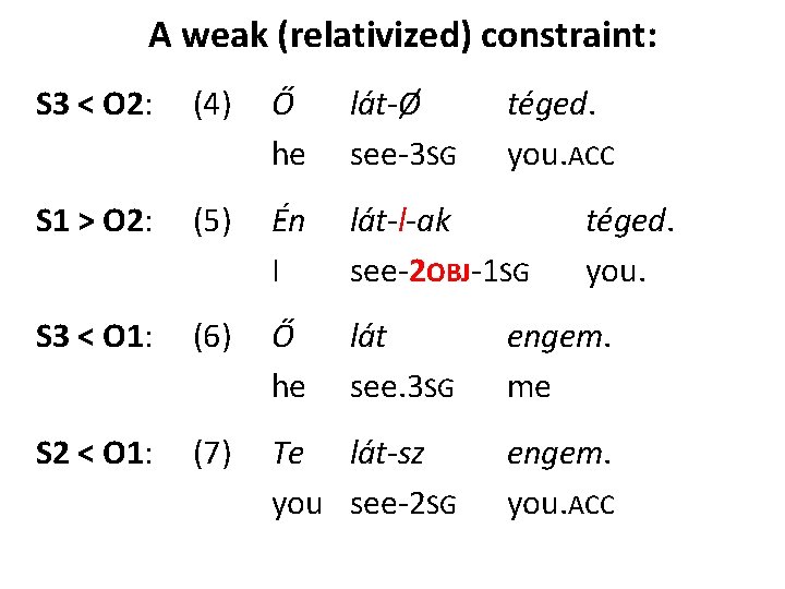 A weak (relativized) constraint: S 3 < O 2: (4) Ő he lát-Ø see-3