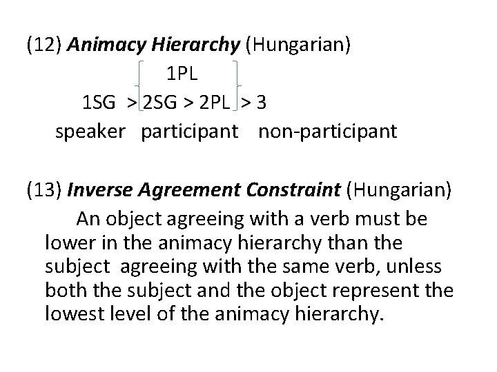 (12) Animacy Hierarchy (Hungarian) 1 PL 1 SG > 2 PL > 3 speaker