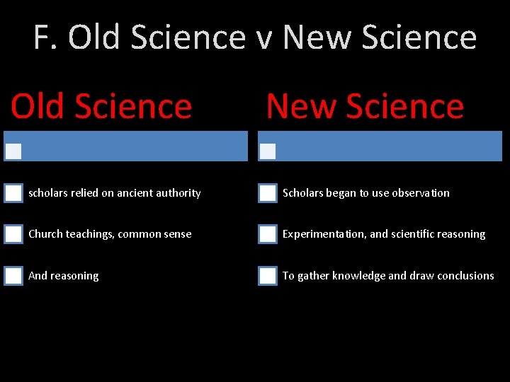 F. Old Science v New Science Old Science New Science scholars relied on ancient