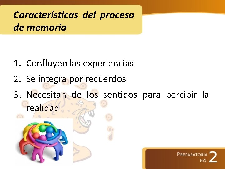 Características del proceso de memoria 1. Confluyen las experiencias 2. Se integra por recuerdos