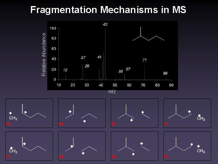 Relative Abundance Fragmentation Mechanisms in MS m/z + + + 15 43 57 71