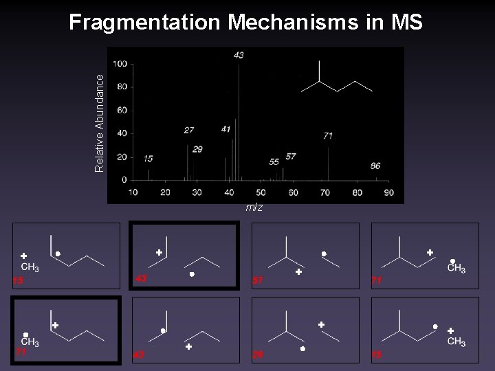 Relative Abundance Fragmentation Mechanisms in MS m/z + + + 43 15 57 71