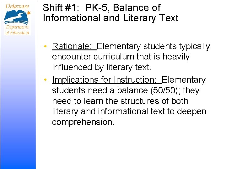 Shift #1: PK-5, Balance of Informational and Literary Text • Rationale: Elementary students typically