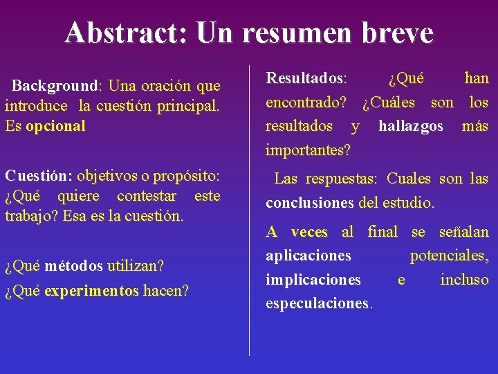 Abstract: Un resumen breve introduce la cuestión principal. Es opcional Resultados: ¿Qué han encontrado?