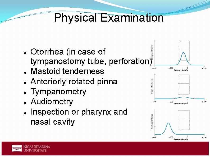 Physical Examination Otorrhea (in case of tympanostomy tube, perforation) Mastoid tenderness Anteriorly rotated pinna