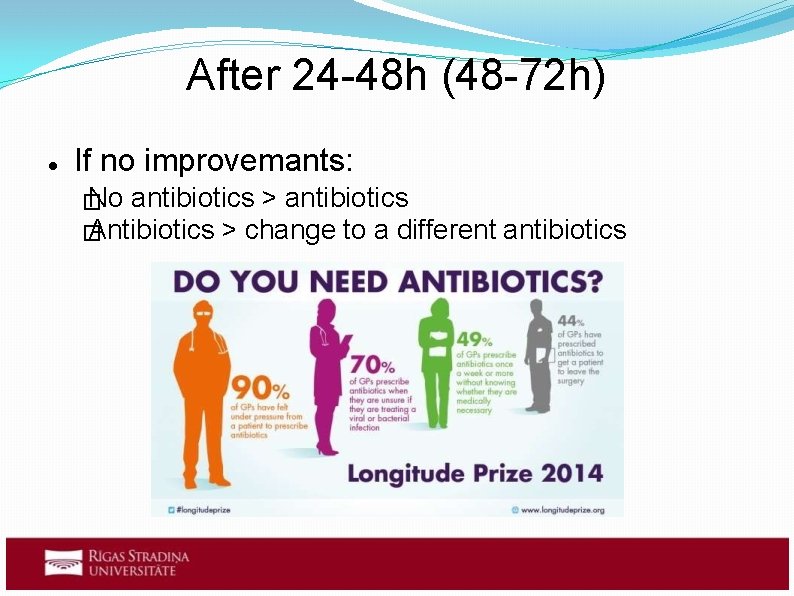 After 24 -48 h (48 -72 h) If no improvemants: No antibiotics > antibiotics