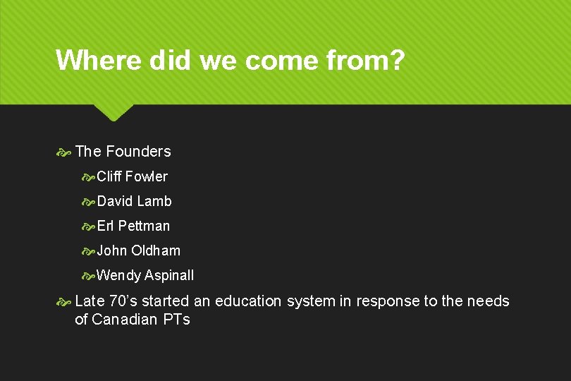 Where did we come from? The Founders Cliff Fowler David Lamb Erl Pettman John