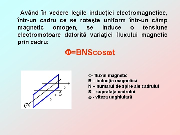 Având în vedere legile inducţiei electromagnetice, într-un cadru ce se roteşte uniform într-un câmp