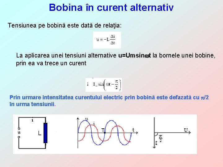 Bobina în curent alternativ Tensiunea pe bobină este dată de relaţia: La aplicarea unei