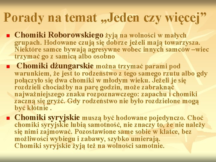 Porady na temat „Jeden czy więcej” n n n Chomiki Roborowskiego żyją na wolności