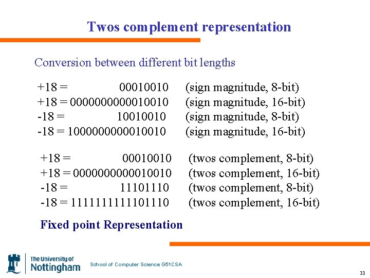 Twos complement representation Conversion between different bit lengths +18 = 00010010 +18 = 00000010010