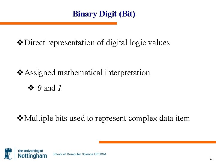 Binary Digit (Bit) v. Direct representation of digital logic values v. Assigned mathematical interpretation