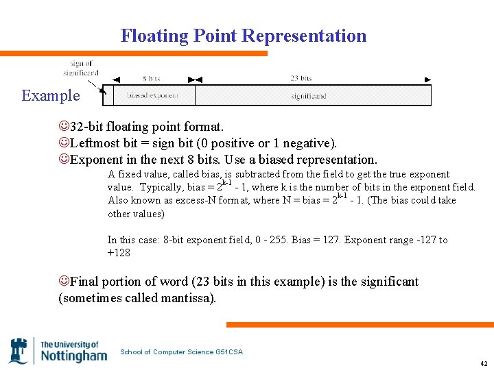 Floating Point Representation Example J 32 -bit floating point format. JLeftmost bit = sign