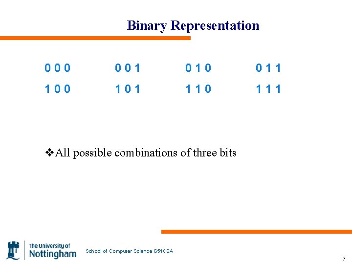 Binary Representation 000 001 010 011 100 101 110 111 v. All possible combinations