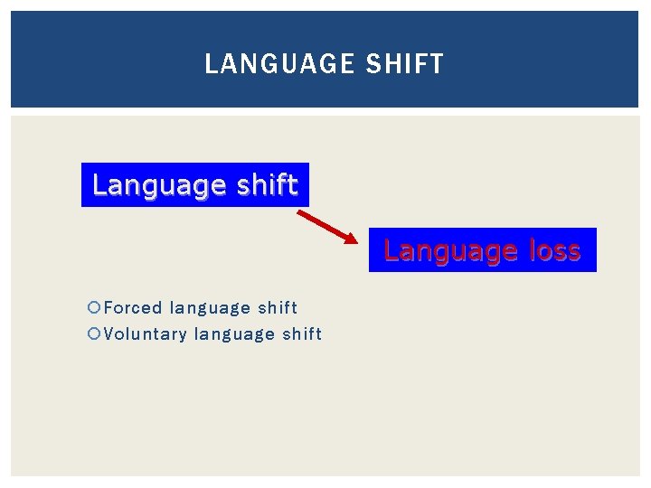 LANGUAGE SHIFT Language shift Language loss Forced language shift Voluntary language shift 